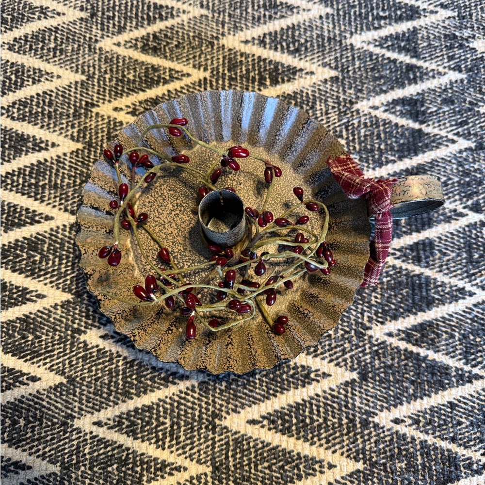 Rustic Metal Candle Holder with Red Berry Accents